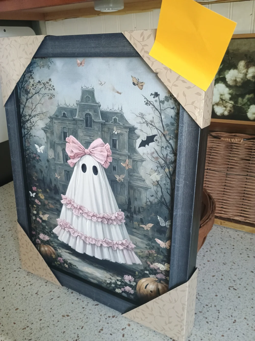 Framed Ghost Artwork with Pink Ruffles and Bow